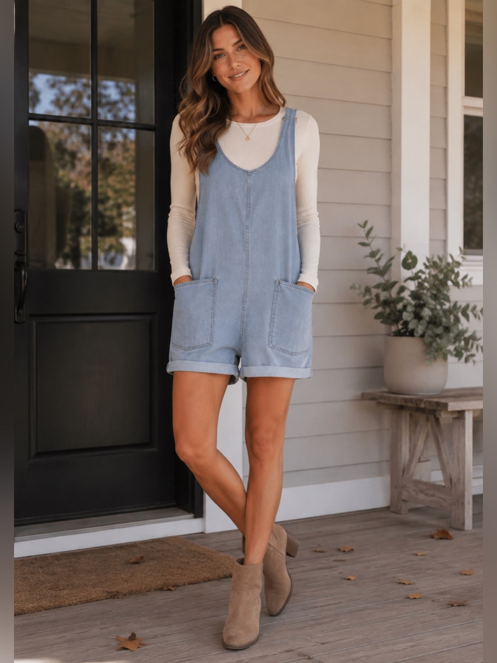 Light Wash Denim Overall Romper Shortalls Patch Pockets Adjustable Straps Mi